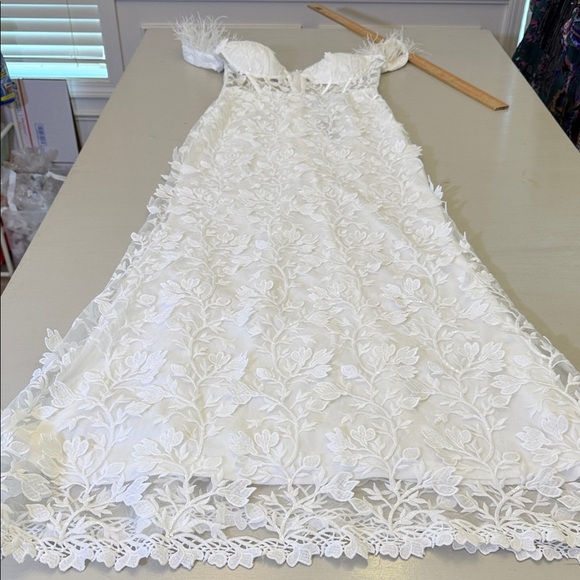 Lulus Midnight Sparkle White Embroidered Feather Bustier Maxi Dress Size Medium - Picture 4 of 11